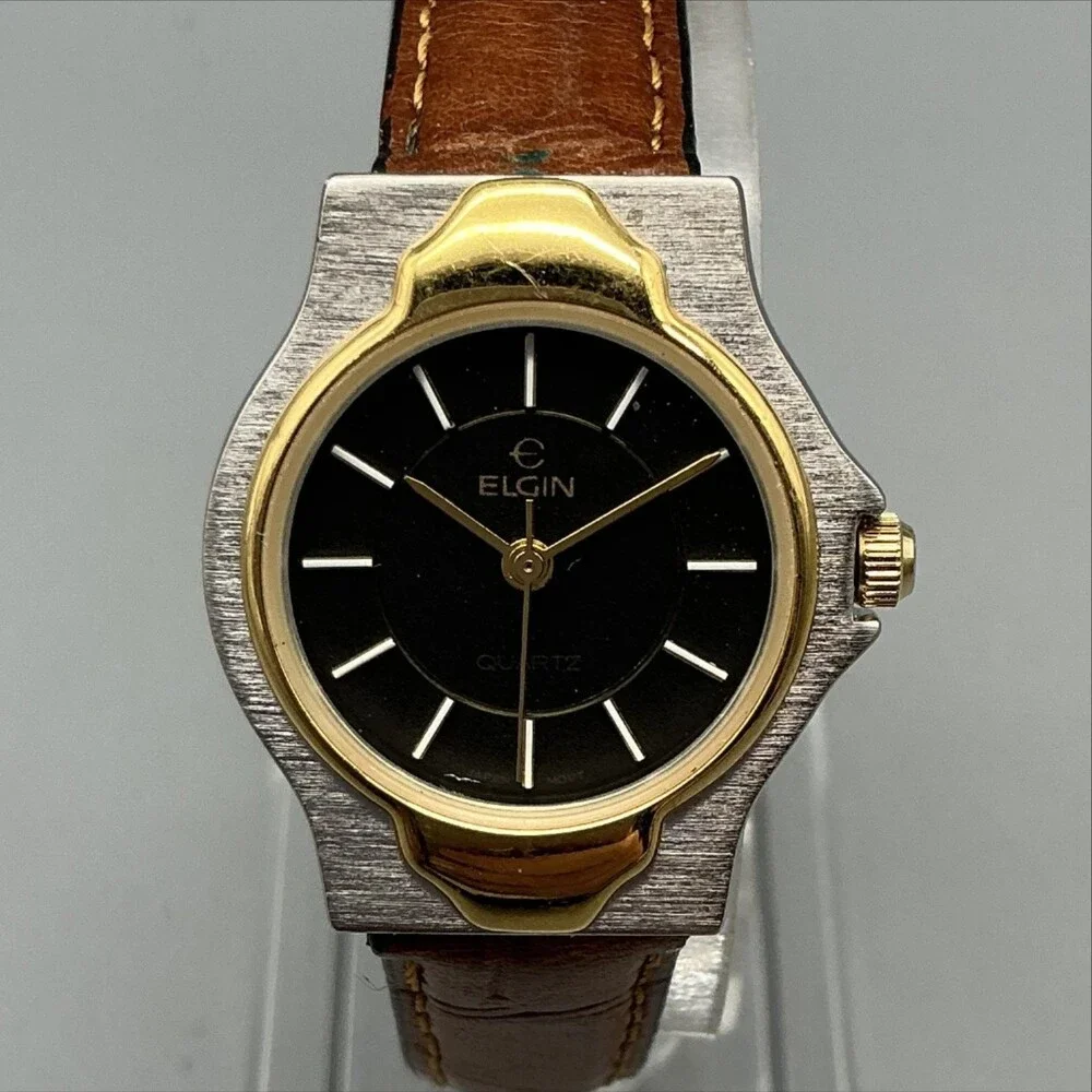 Elgin Womens Watch 21mm Black Dial Brown Leather Silver Gold Tone New Battery